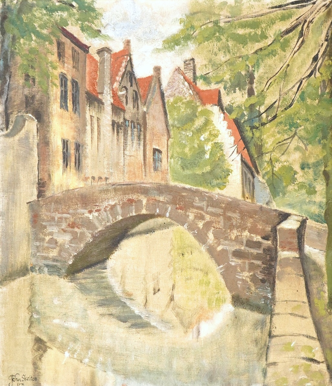John Skelton (1925-2009), ‘Pont Du Cheval, Bruges’, signed and dated '59, oil on canvas-board, 28 x 24cm